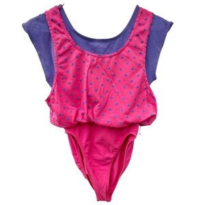 80s Style Layered Polka Dot Leotard L Pink Purple Ruffle | Vintage